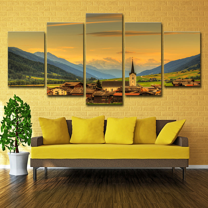 Picturesque European Town Landscape Art Print for Hotel Scenic View Wall Decor in Yellow