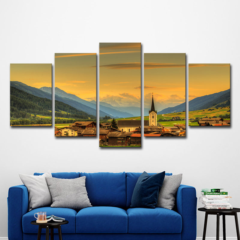 Picturesque European Town Landscape Art Print for Hotel Scenic View Wall Decor in Yellow