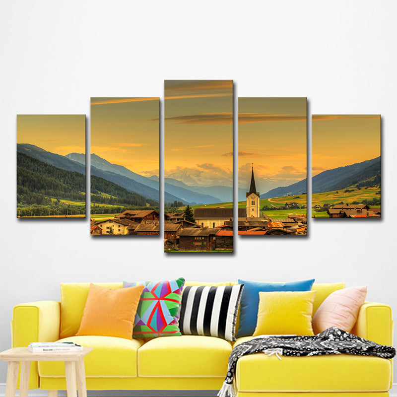 Picturesque European Town Landscape Art Print for Hotel Scenic View Wall Decor in Yellow