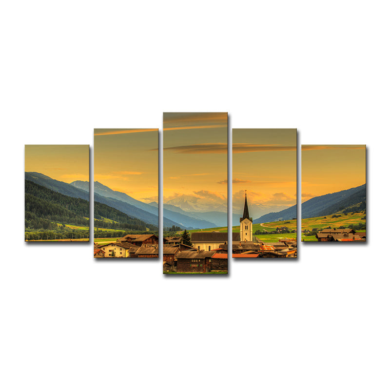 Picturesque European Town Landscape Art Print for Hotel Scenic View Wall Decor in Yellow