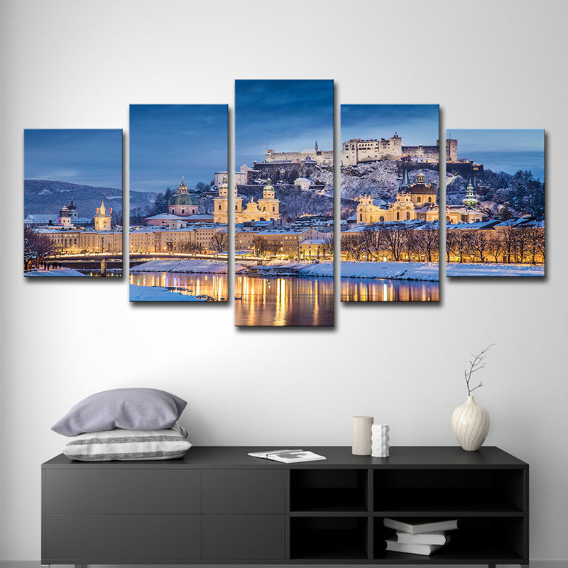 Potala Palace Night Scenery Canvas Art Modern Multi-Piece Living Room Wall Decoration in Blue