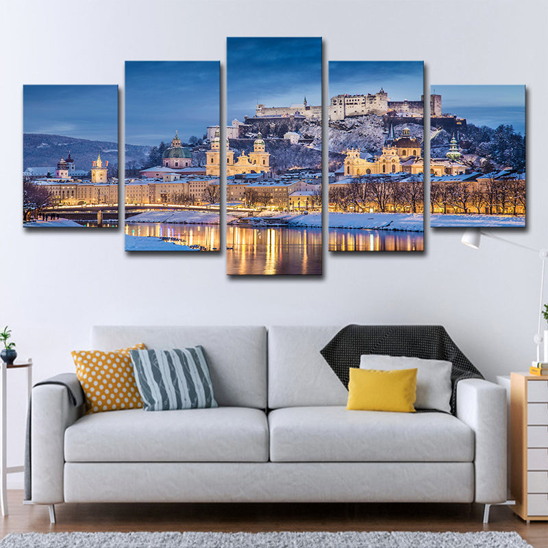 Potala Palace Night Scenery Canvas Art Modern Multi-Piece Living Room Wall Decoration in Blue