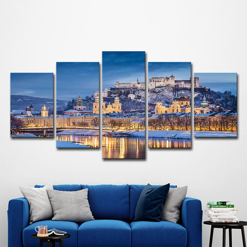 Potala Palace Night Scenery Canvas Art Modern Multi-Piece Living Room Wall Decoration in Blue