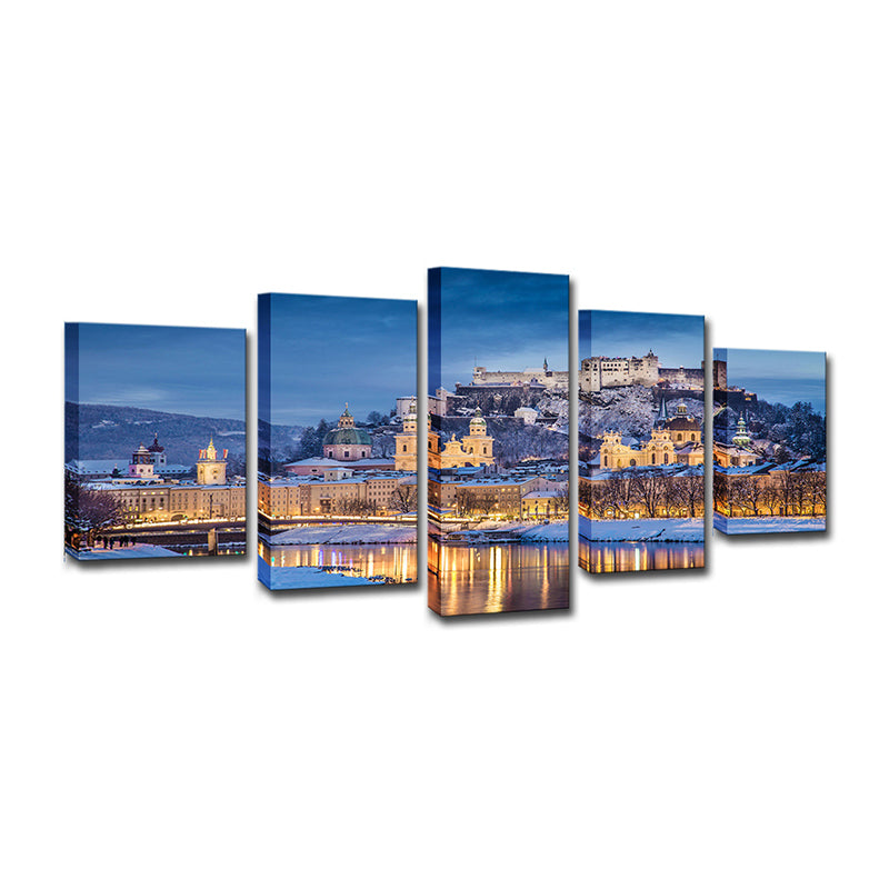 Potala Palace Night Scenery Canvas Art Modern Multi-Piece Living Room Wall Decoration in Blue