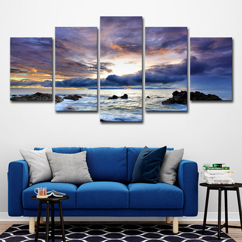 Nightfall Cloudy Ocean Scenery Art Print Modern Multi-Piece Canvas Wall Decor in Blue