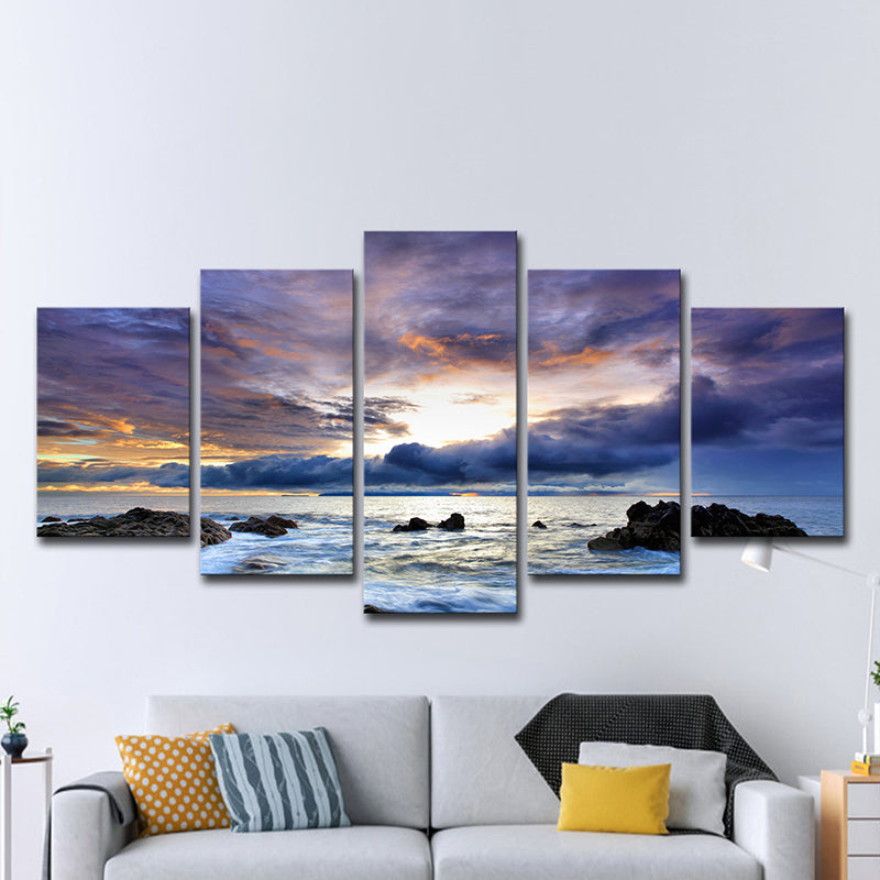 Nightfall Cloudy Ocean Scenery Art Print Modern Multi-Piece Canvas Wall Decor in Blue