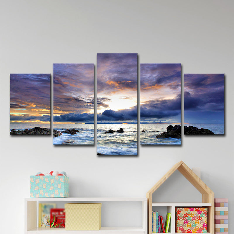 Nightfall Cloudy Ocean Scenery Art Print Modern Multi-Piece Canvas Wall Decor in Blue