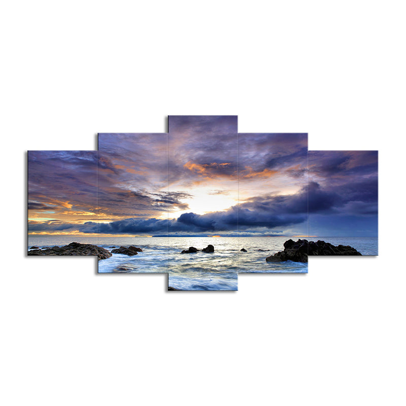 Nightfall Cloudy Ocean Scenery Art Print Modern Multi-Piece Canvas Wall Decor in Blue