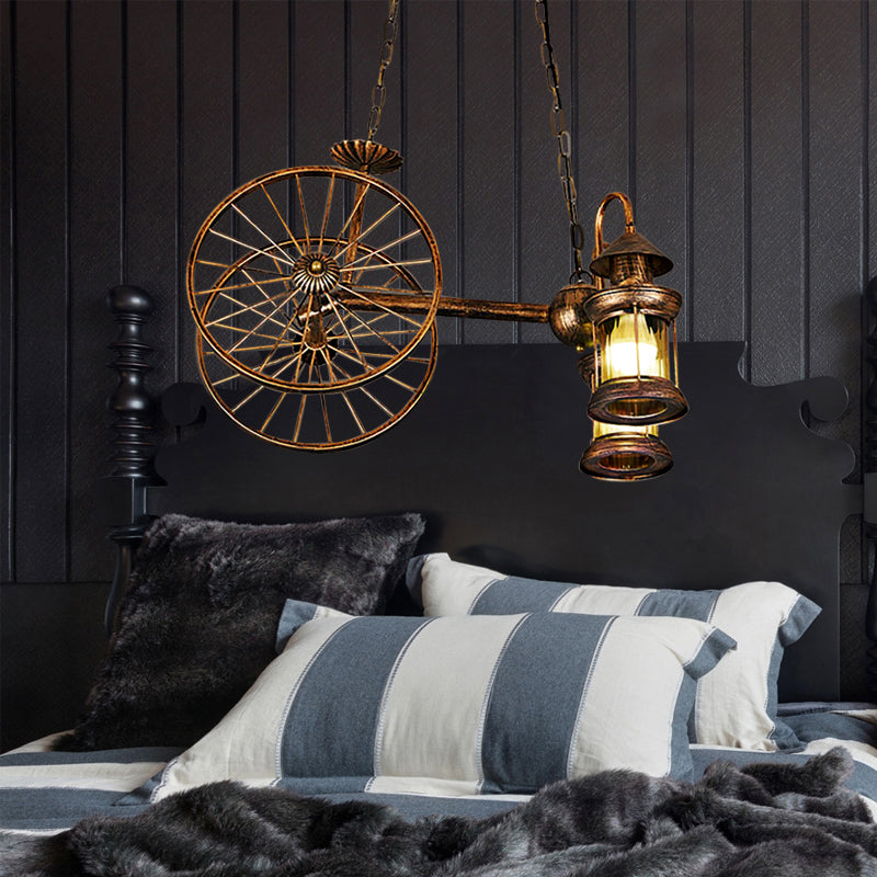 Rustic Stylish Wheel Design Hanging Lamp with Lantern Shade 2 Lights Metal Chandelier Lighting in Brass