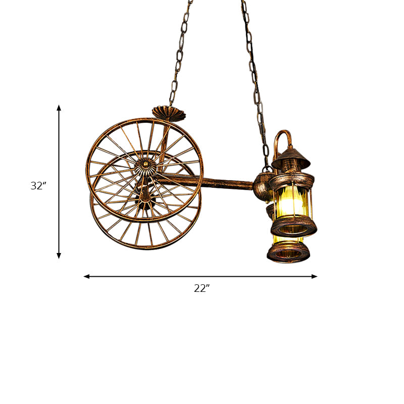 Rustic Stylish Wheel Design Hanging Lamp with Lantern Shade 2 Lights Metal Chandelier Lighting in Brass