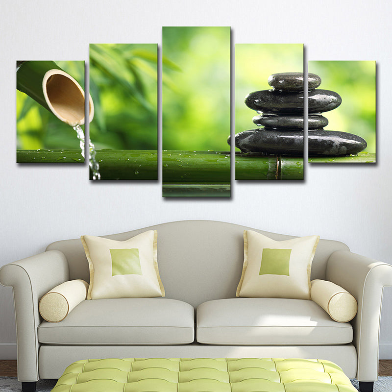 Modern Zen Style Wall Art Decor Green Bamboo and Pebble Canvas Print for Tearoom