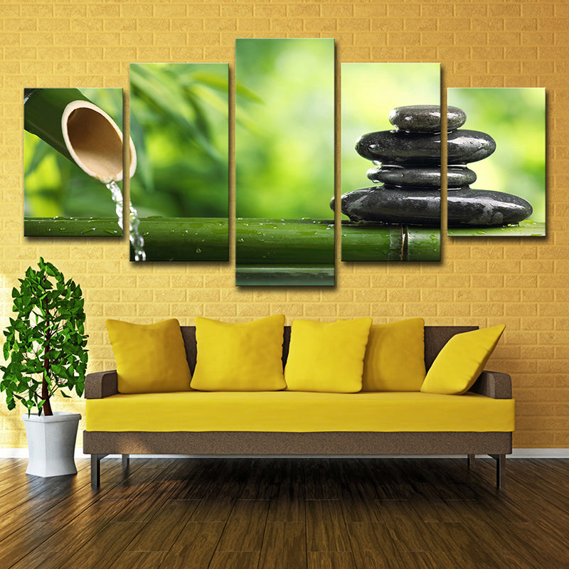 Modern Zen Style Wall Art Decor Green Bamboo and Pebble Canvas Print for Tearoom