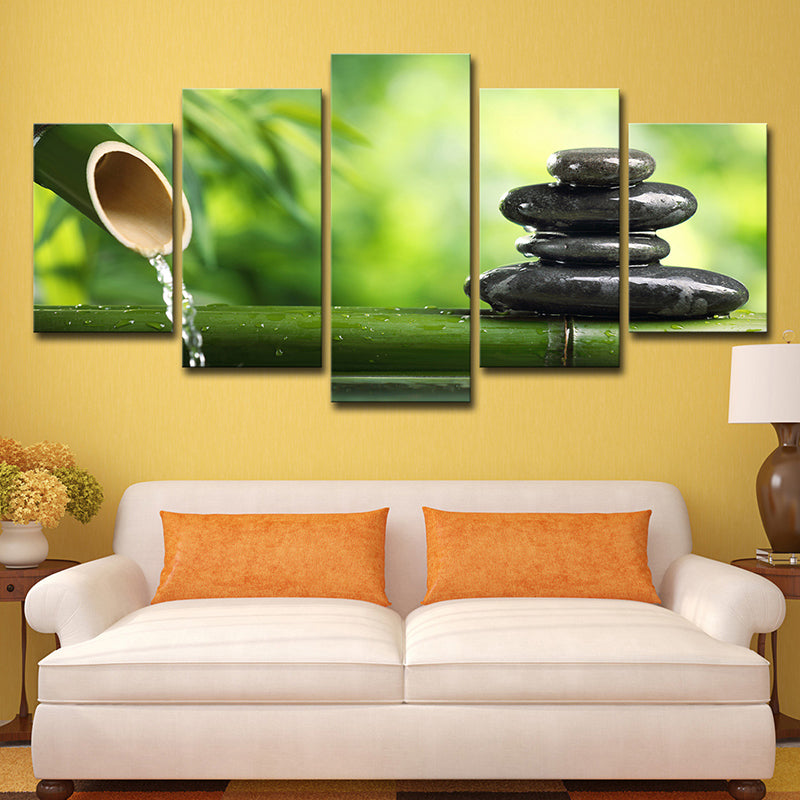 Modern Zen Style Wall Art Decor Green Bamboo and Pebble Canvas Print for Tearoom