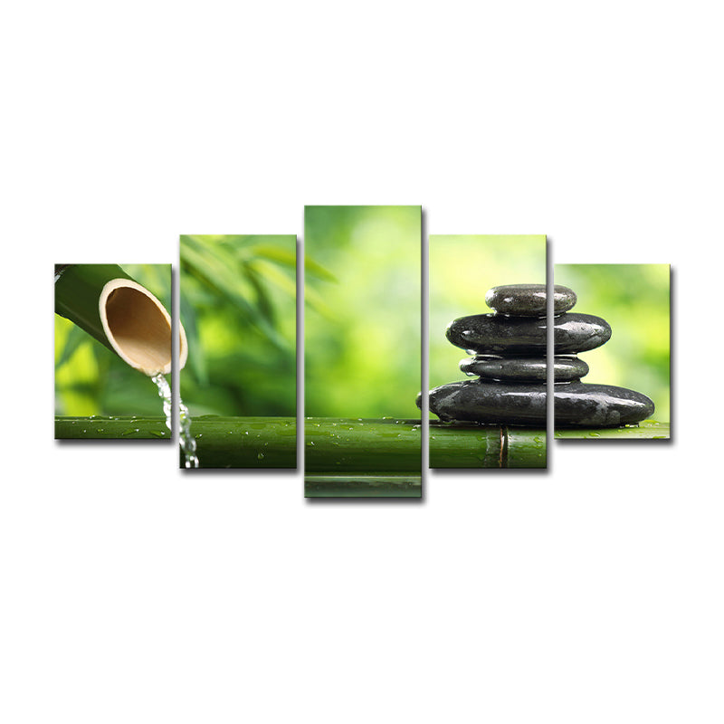 Modern Zen Style Wall Art Decor Green Bamboo and Pebble Canvas Print for Tearoom