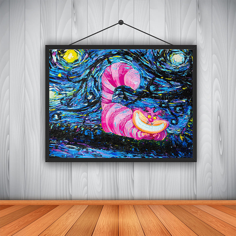 Canvas Textured Art Print Contemporary Raccoon under Starry Moon Night Sky Painting