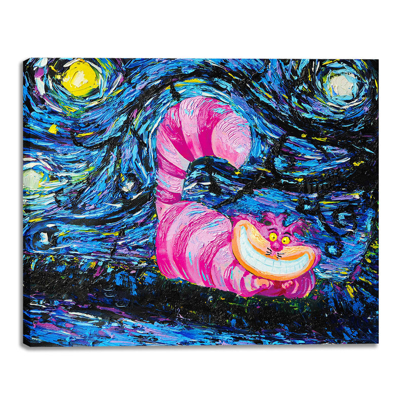 Canvas Textured Art Print Contemporary Raccoon under Starry Moon Night Sky Painting