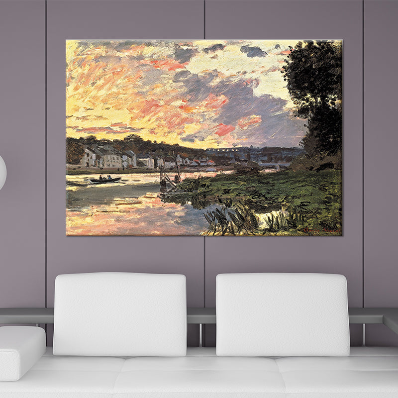 Riverside Village Landscape Canvas Art Green Contemporary Wall Decoration for Hotel