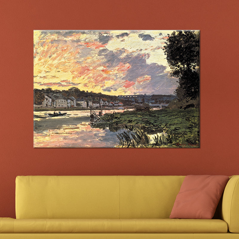 Riverside Village Landscape Canvas Art Green Contemporary Wall Decoration for Hotel