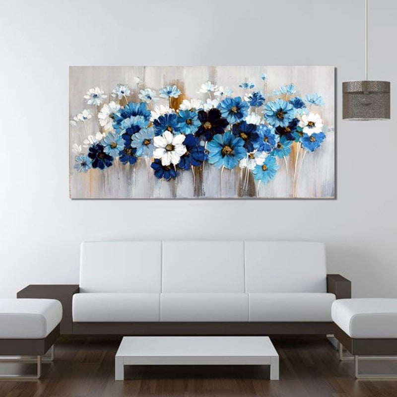 Daisies Wall Art Print Blue and White Canvas Painting for Living Room, Textured Surface