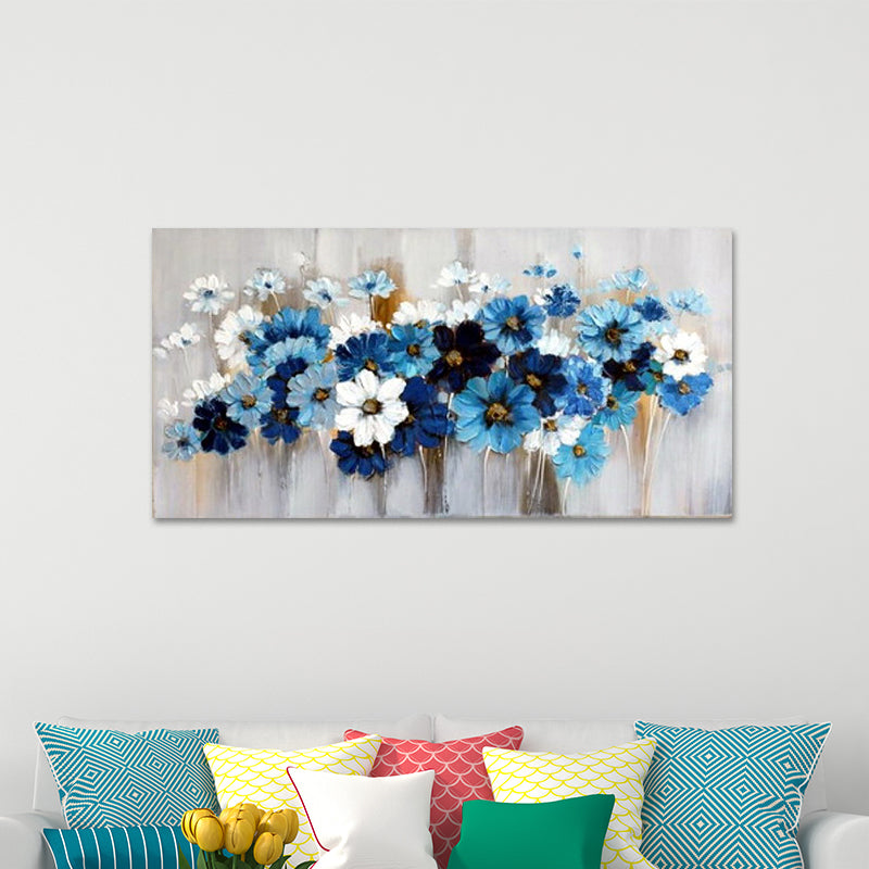 Daisies Wall Art Print Blue and White Canvas Painting for Living Room, Textured Surface