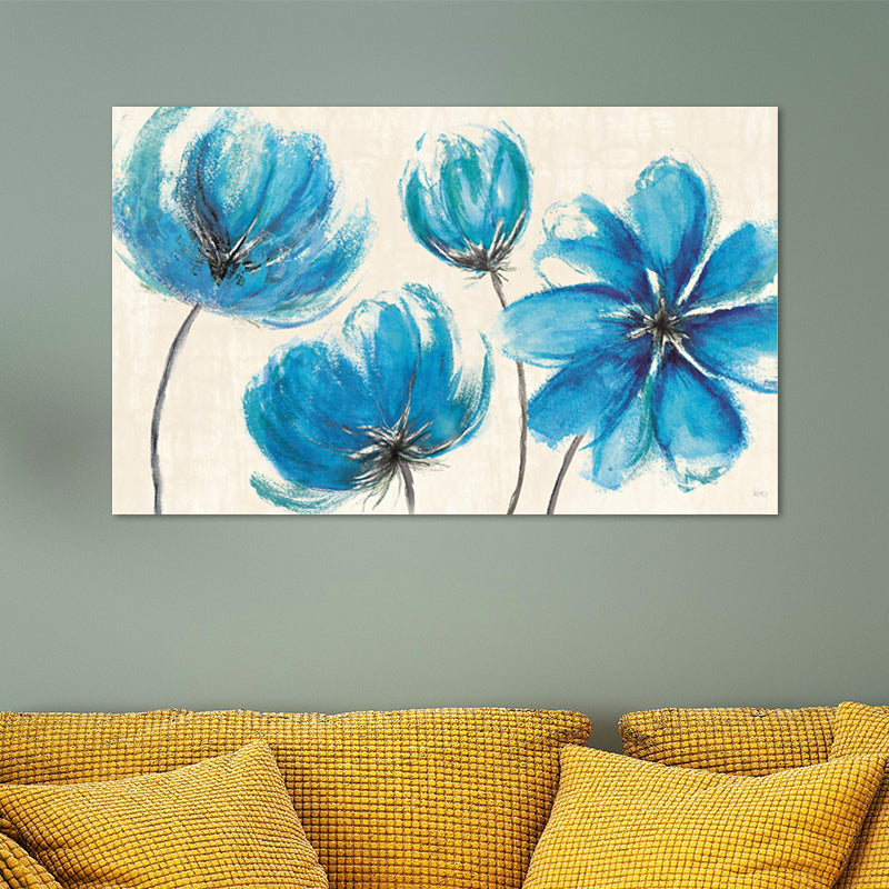 Modernist Flower Wall Art Living Room Textured Canvas Print in Blue and White