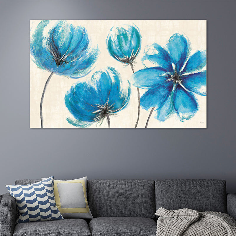 Modernist Flower Wall Art Living Room Textured Canvas Print in Blue and White