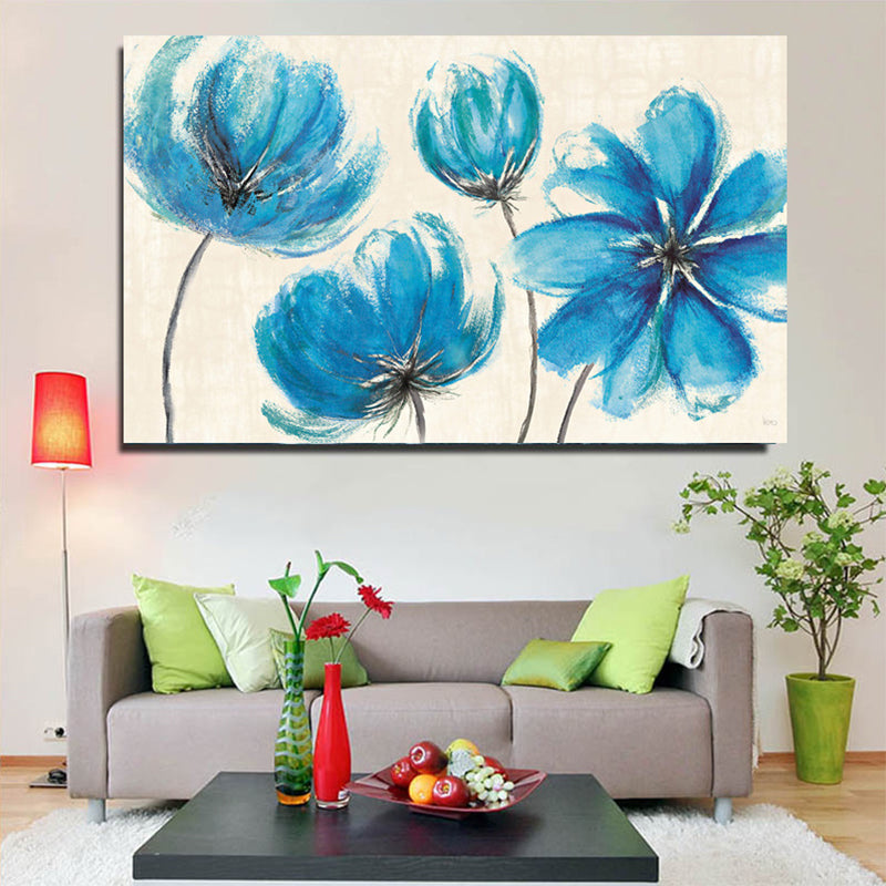 Modernist Flower Wall Art Living Room Textured Canvas Print in Blue and White