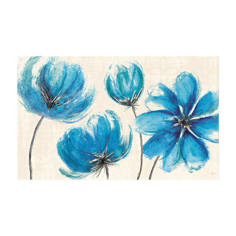 Modernist Flower Wall Art Living Room Textured Canvas Print in Blue and White