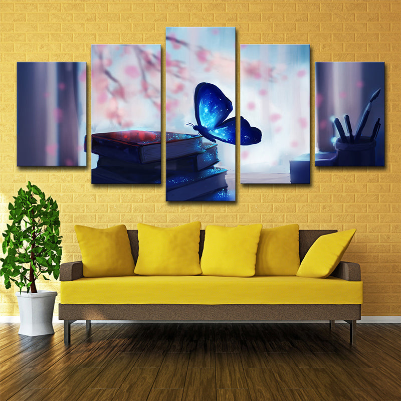 Contemporary Wall Art Blue Butterfly on Books Canvas Print for Living Room