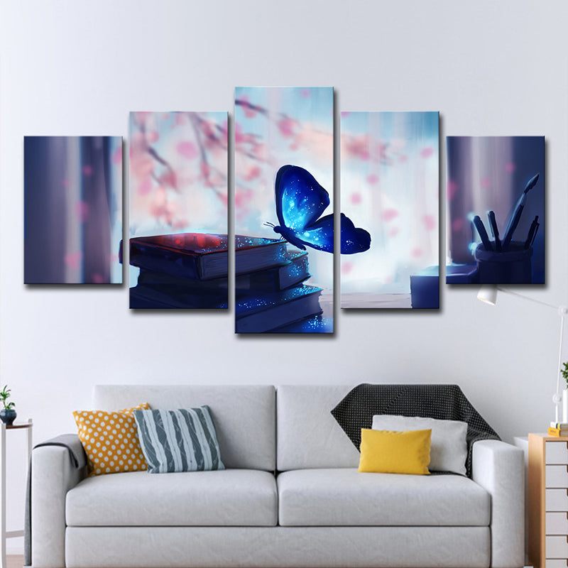 Contemporary Wall Art Blue Butterfly on Books Canvas Print for Living Room