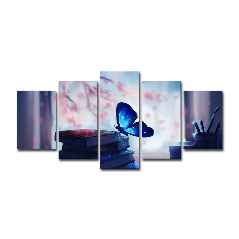 Contemporary Wall Art Blue Butterfly on Books Canvas Print for Living Room