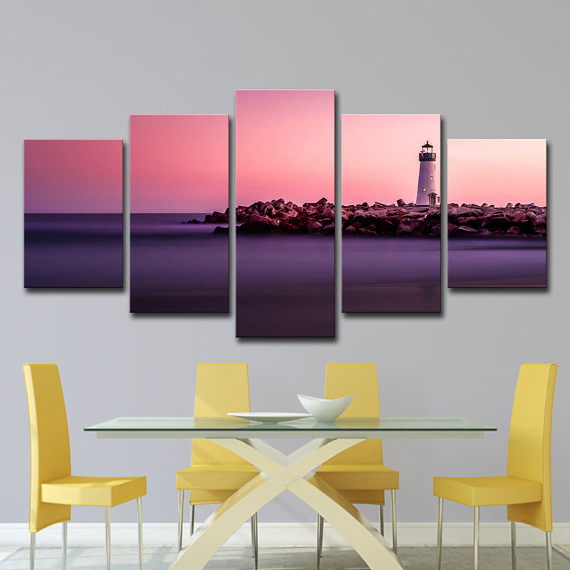 Sunset Seascape Lighthouse Canvas Print Contemporary Multi-Piece Wall Art in Pink