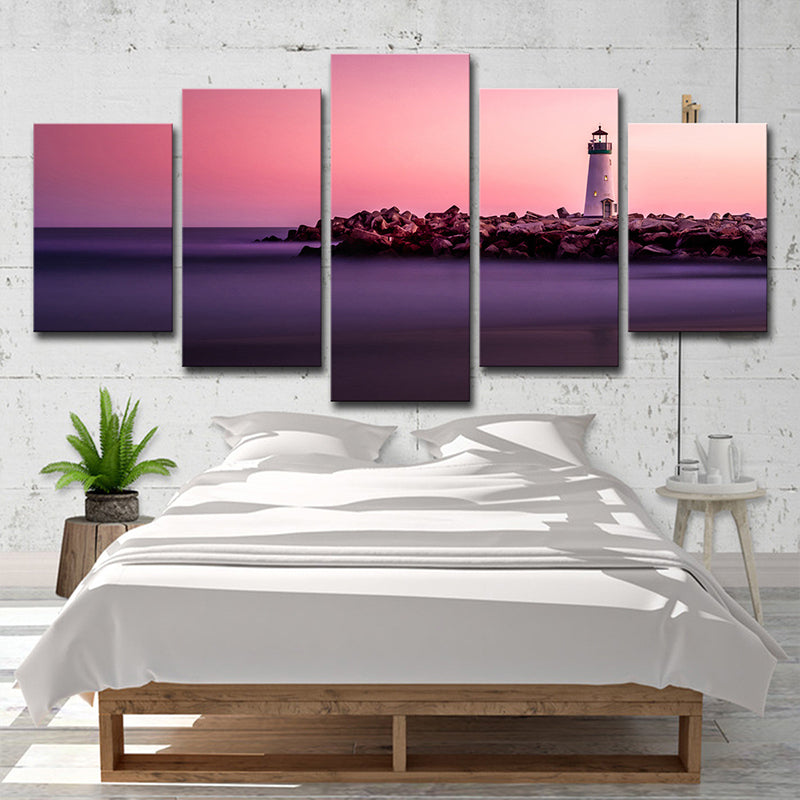 Sunset Seascape Lighthouse Canvas Print Contemporary Multi-Piece Wall Art in Pink