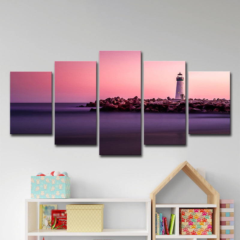 Sunset Seascape Lighthouse Canvas Print Contemporary Multi-Piece Wall Art in Pink