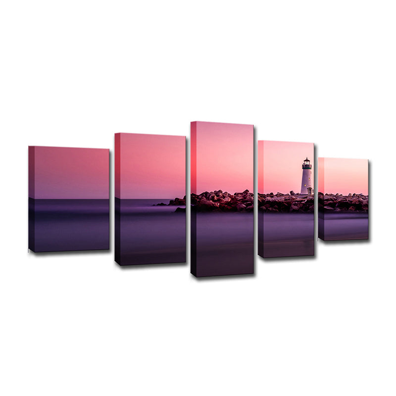 Sunset Seascape Lighthouse Canvas Print Contemporary Multi-Piece Wall Art in Pink