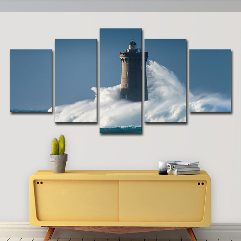 Canvas Multi-Piece Wall Art Contemporary Lighthouse Hit by Huge Waves Wall Decor in Blue