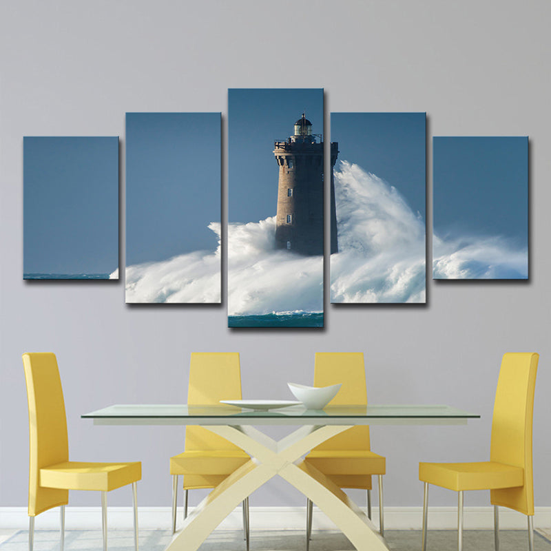 Canvas Multi-Piece Wall Art Contemporary Lighthouse Hit by Huge Waves Wall Decor in Blue