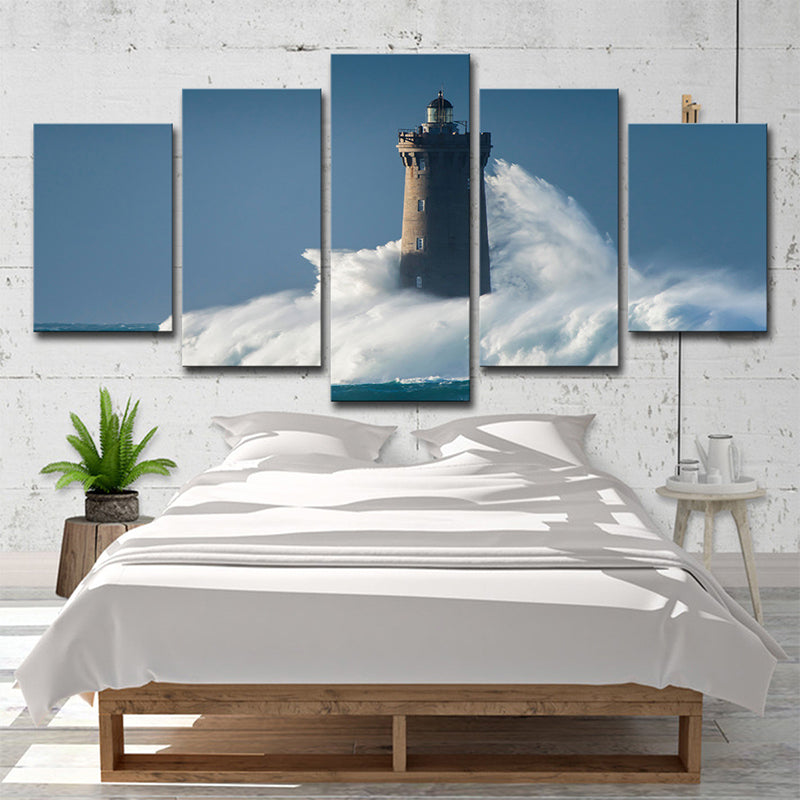 Canvas Multi-Piece Wall Art Contemporary Lighthouse Hit by Huge Waves Wall Decor in Blue