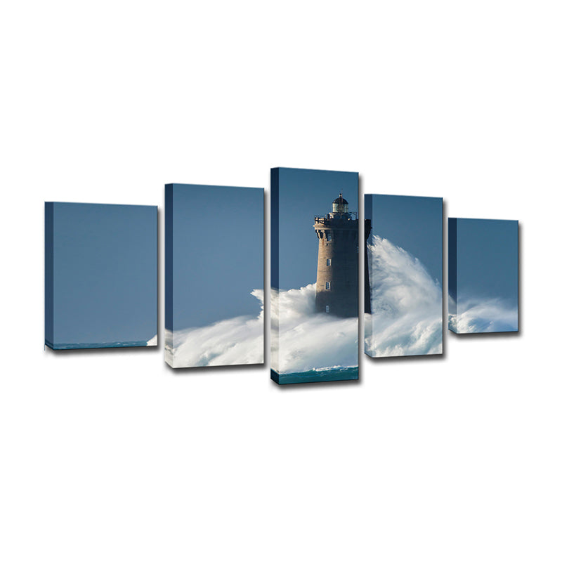 Canvas Multi-Piece Wall Art Contemporary Lighthouse Hit by Huge Waves Wall Decor in Blue