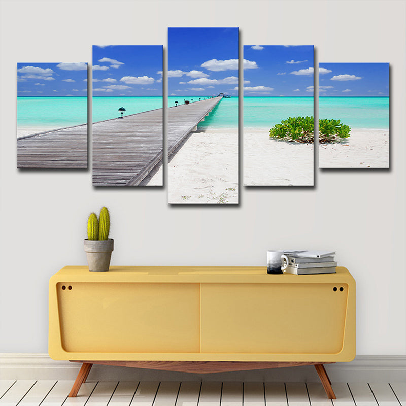 Tropical Beach Scenery Wall Art Blue Bridge Across Sea Canvas Print for Living Room