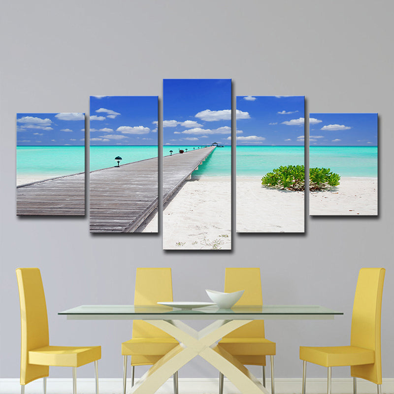 Tropical Beach Scenery Wall Art Blue Bridge Across Sea Canvas Print for Living Room