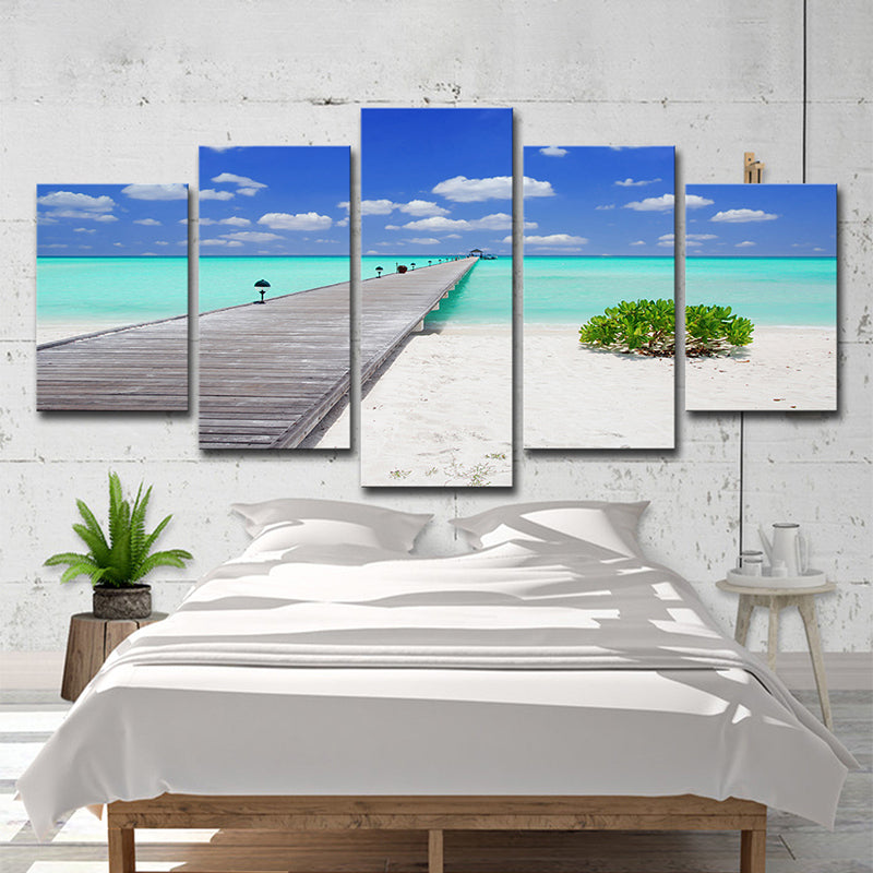 Tropical Beach Scenery Wall Art Blue Bridge Across Sea Canvas Print for Living Room