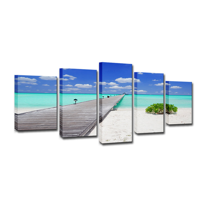 Tropical Beach Scenery Wall Art Blue Bridge Across Sea Canvas Print for Living Room