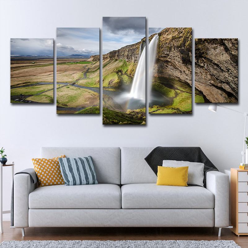 Photo Print Mountain Waterfall Canvas Art for Hallway, Brown and Green, Multi-Piece