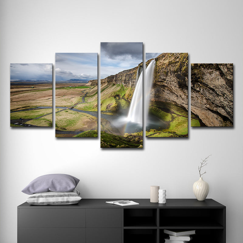 Photo Print Mountain Waterfall Canvas Art for Hallway, Brown and Green, Multi-Piece