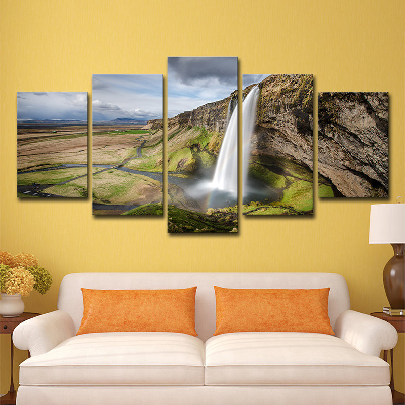 Photo Print Mountain Waterfall Canvas Art for Hallway, Brown and Green, Multi-Piece