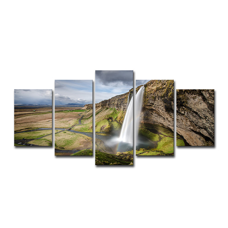 Photo Print Mountain Waterfall Canvas Art for Hallway, Brown and Green, Multi-Piece