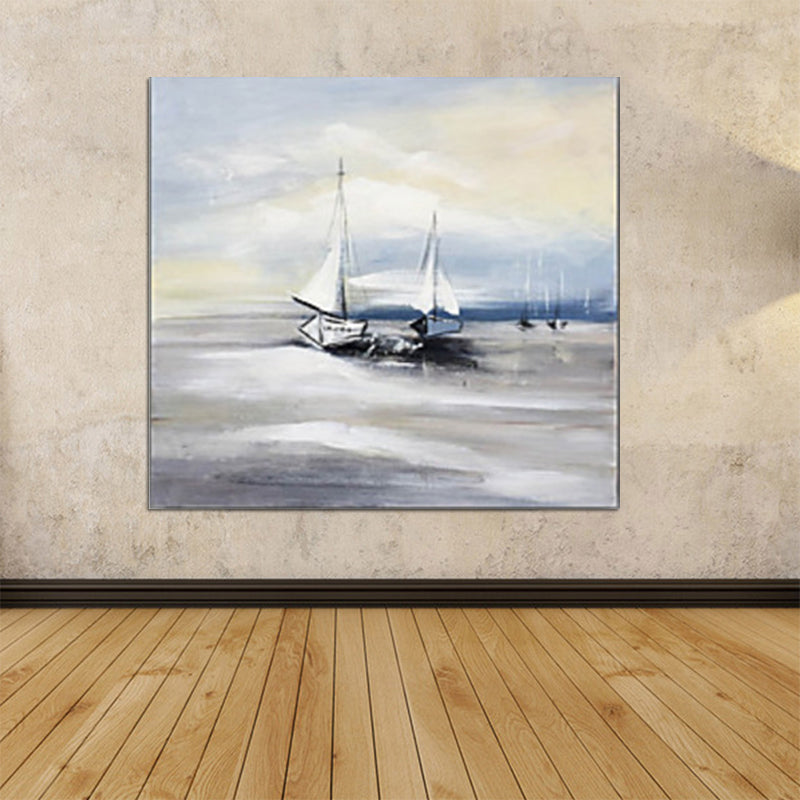 Grey Sailboats Canvas Wall Art Textured Modernist Style Living Room Wall Decoration