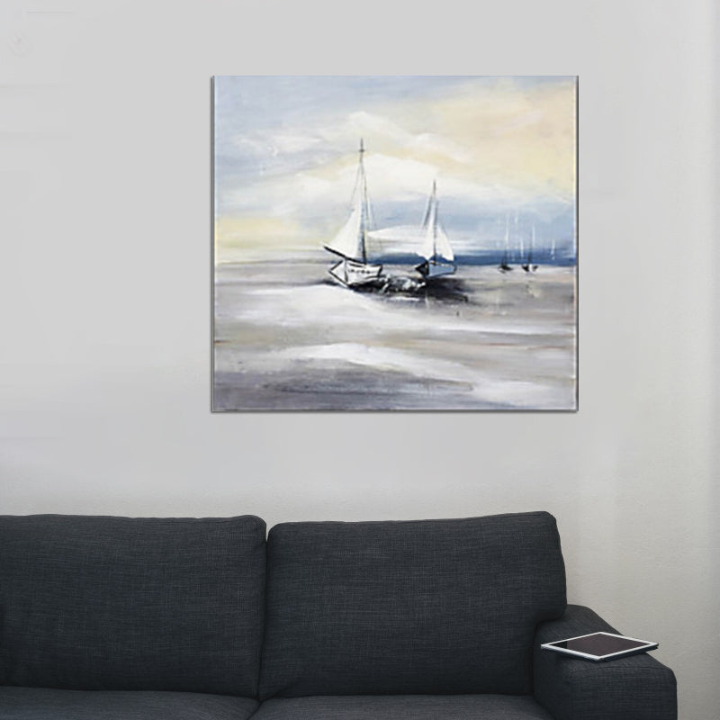 Grey Sailboats Canvas Wall Art Textured Modernist Style Living Room Wall Decoration