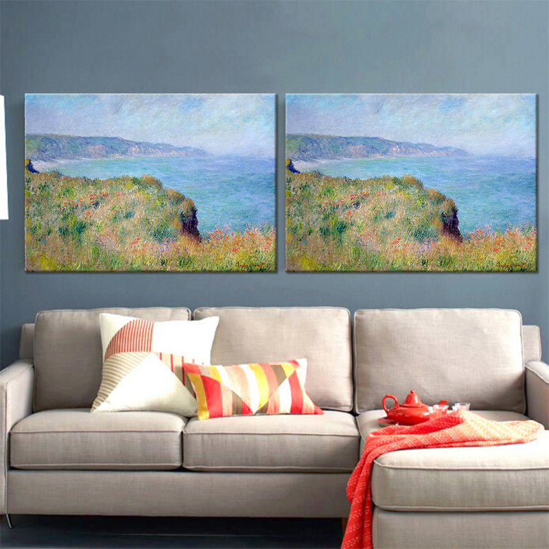 Modern Seashore Mountain Painting Set of 2 Green Textured Canvas Wall Art for Home